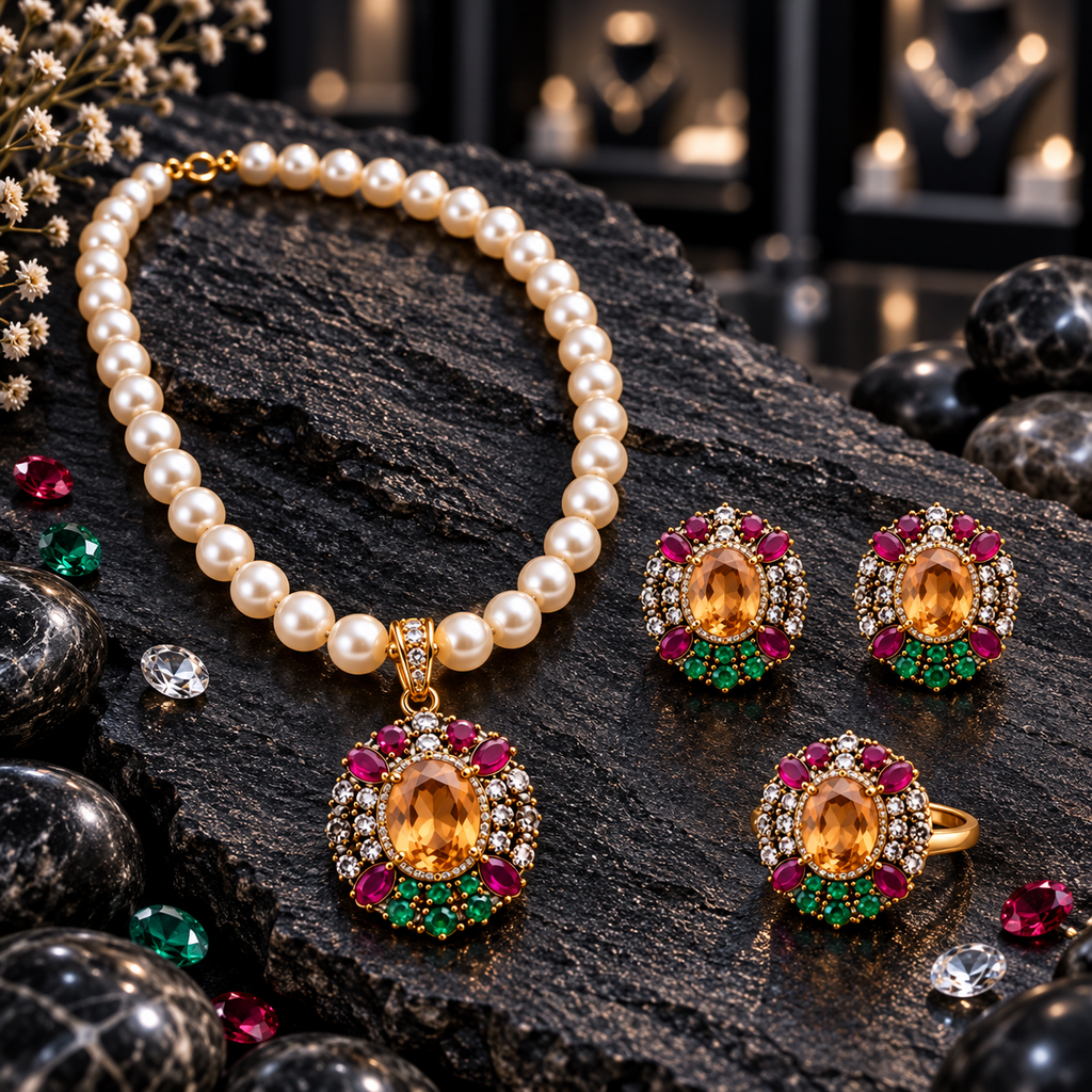 Cream pearl-look beaded necklace with golden-yellow oval pendant, matching earrings and ring, with pink-red, green and clear accents on dark slate.