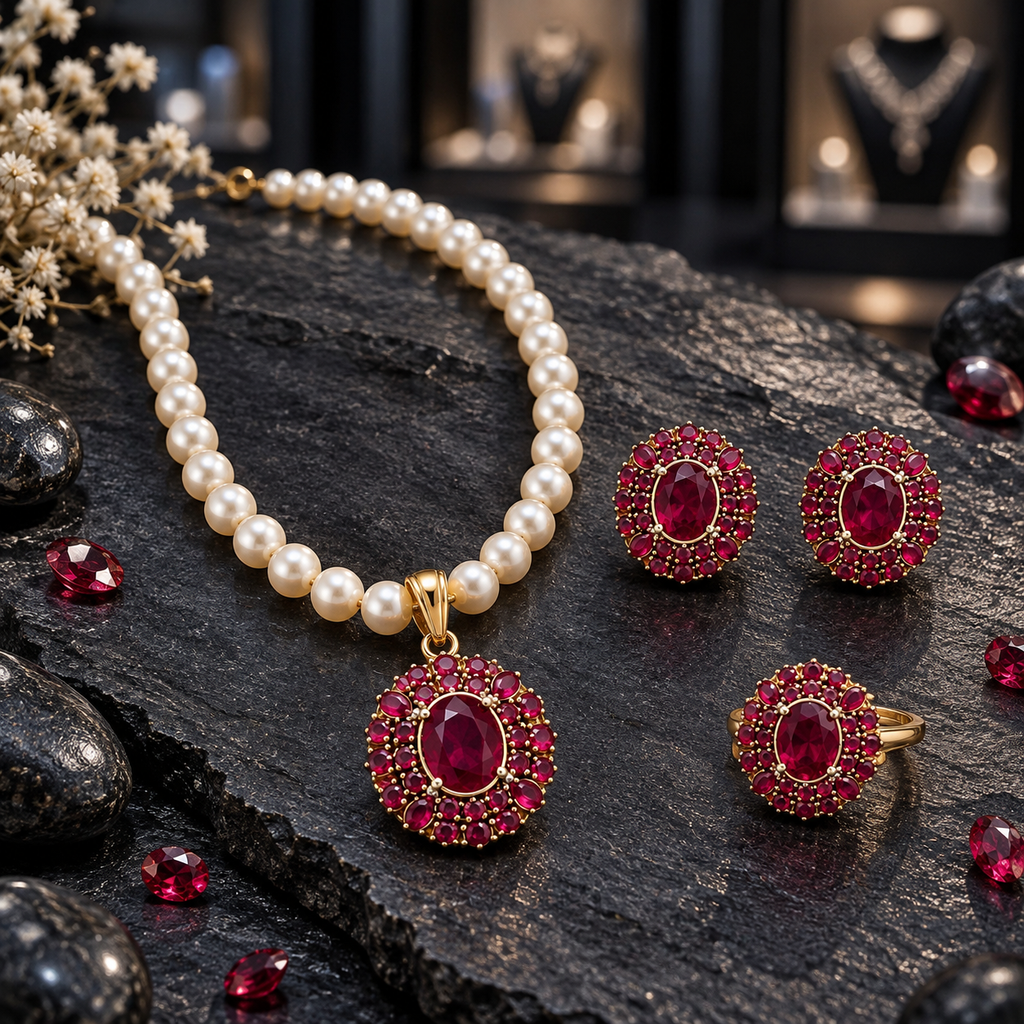 Cream pearl-look beaded necklace with red oval pendant, matching earrings and ring, surrounded by red decorative accents on dark slate.