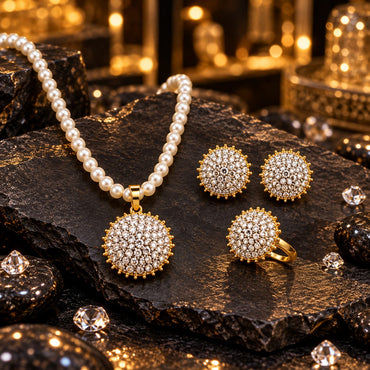 Cream pearl-look beaded necklace with a round clear floral-cluster pendant, matching circular earrings and a gold-tone ring, all with small gold-tone bead-like borders, displayed on dark slate.