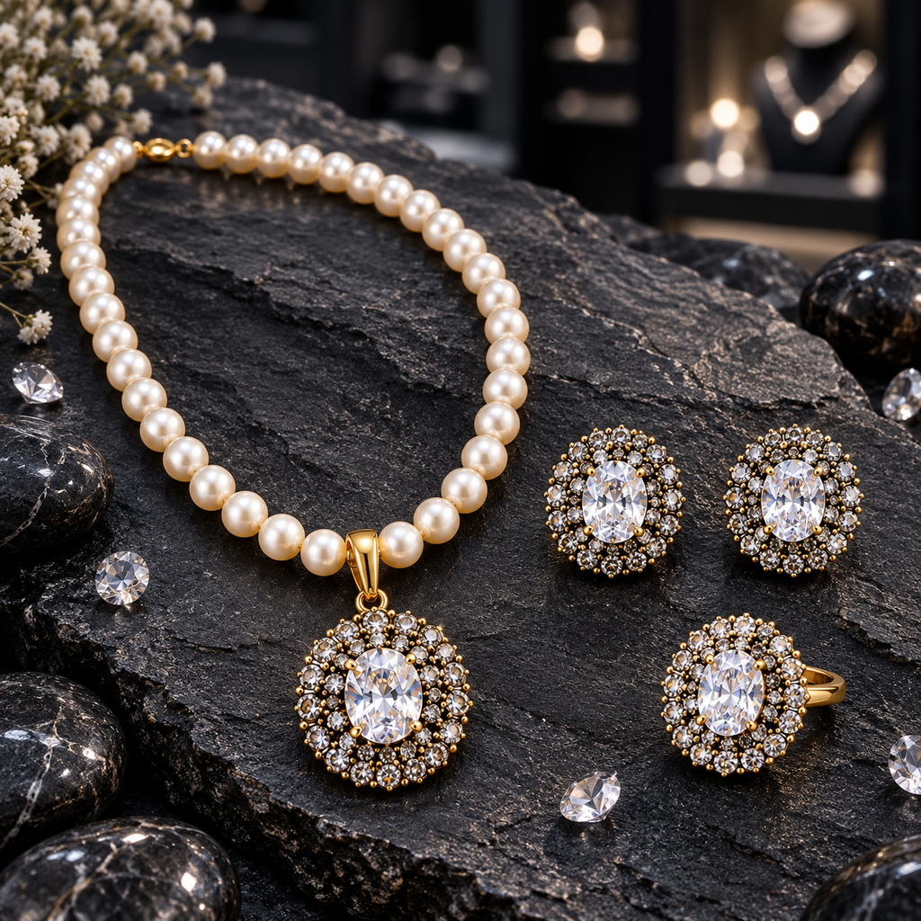 Cream pearl-look beaded necklace with clear oval pendant, matching earrings and ring, surrounded by clustered clear accents on dark slate.