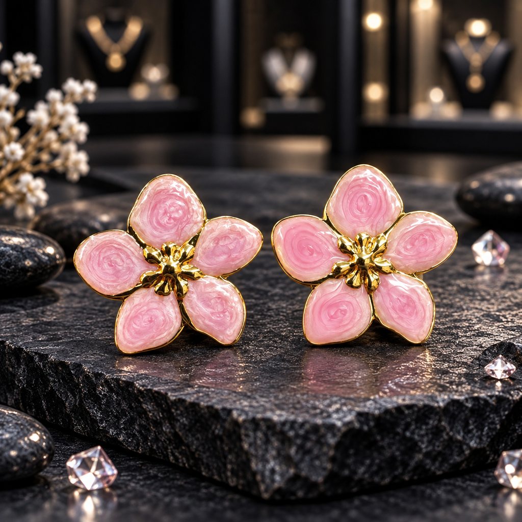 Pair of pink five-petal flower earrings with circular swirled petal patterns, gold-tone borders and raised gold-tone floral centres on dark slate.