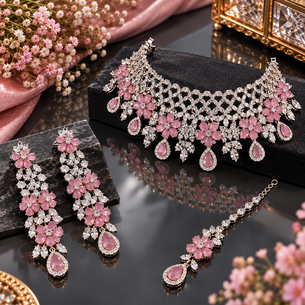 Pink floral bridal necklace set with matching earrings and maang tikka.