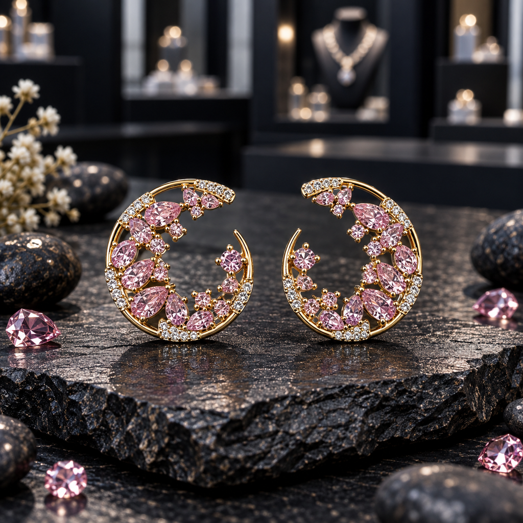 Pair of gold-tone open crescent earrings with pink leaf-shaped and round accents, clear sparkling details, displayed on dark stone.