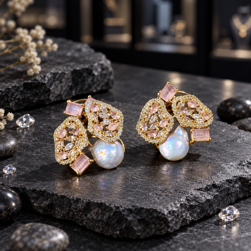 Pair of silver-tone cluster earrings with clear accents, sparkling openwork panels, rectangular details and white iridescent pearl-look centres.