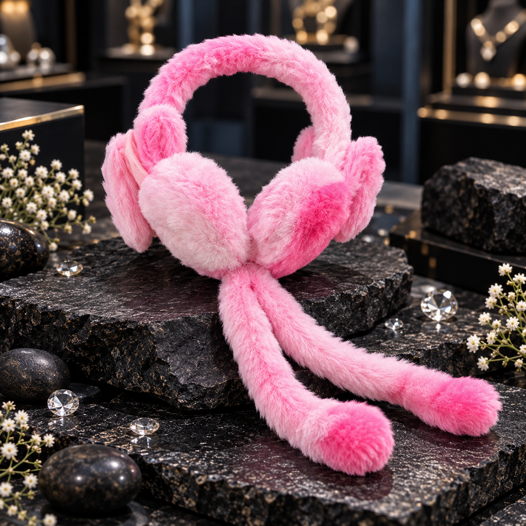 Pink plush-look earmuffs with a fluffy covered headband, rounded ear covers, upright bunny ears and two long tails with deeper-pink ends.