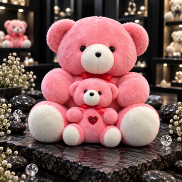 Two pink-and-white teddy bears with red ribbon bows, a larger seated bear behind a smaller matching bear with a red heart-and-eye detail.