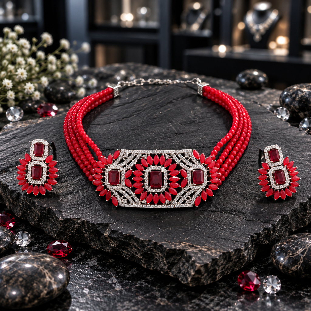 Red multi-strand beaded choker with a silver-tone openwork panel, three dark red rectangular accents, clear borders and red petals, displayed with matching earrings on dark slate.