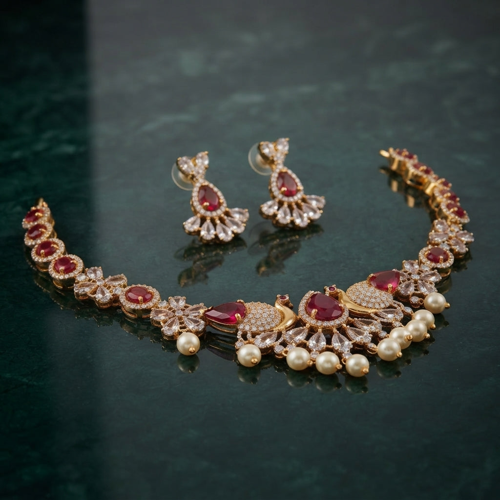 South Indian-style gold-tone floral necklace and matching drop earrings with green accents and pearl-look drops, displayed with decorative props.