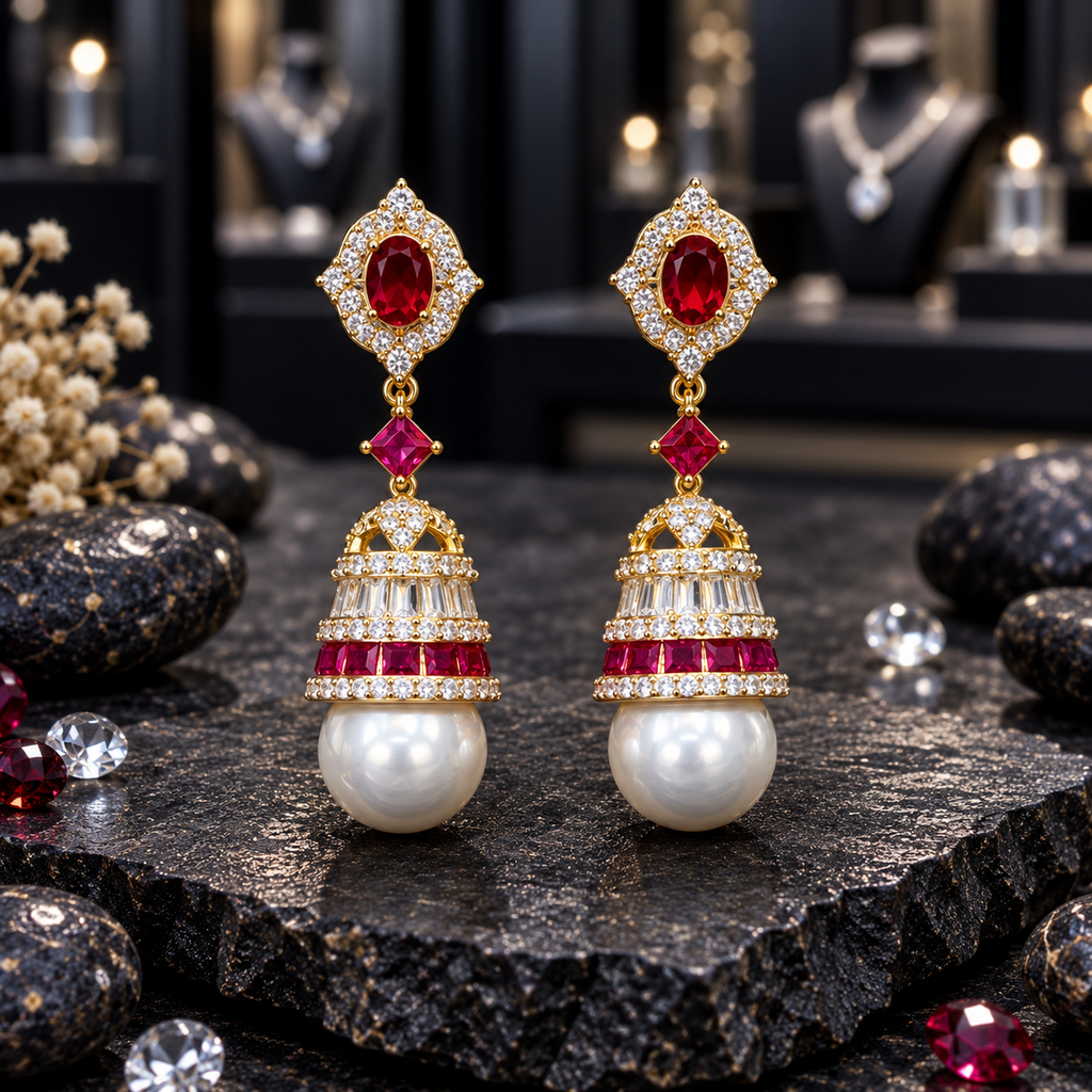 Pair of gold-tone jhumka earrings with red oval accents, clear sparkling details and large white pearl-look drops.