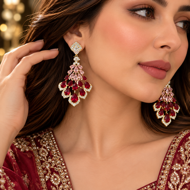 Red and pale pink teardrop chandelier earrings with gold-tone settings, worn with an embroidered outfit.