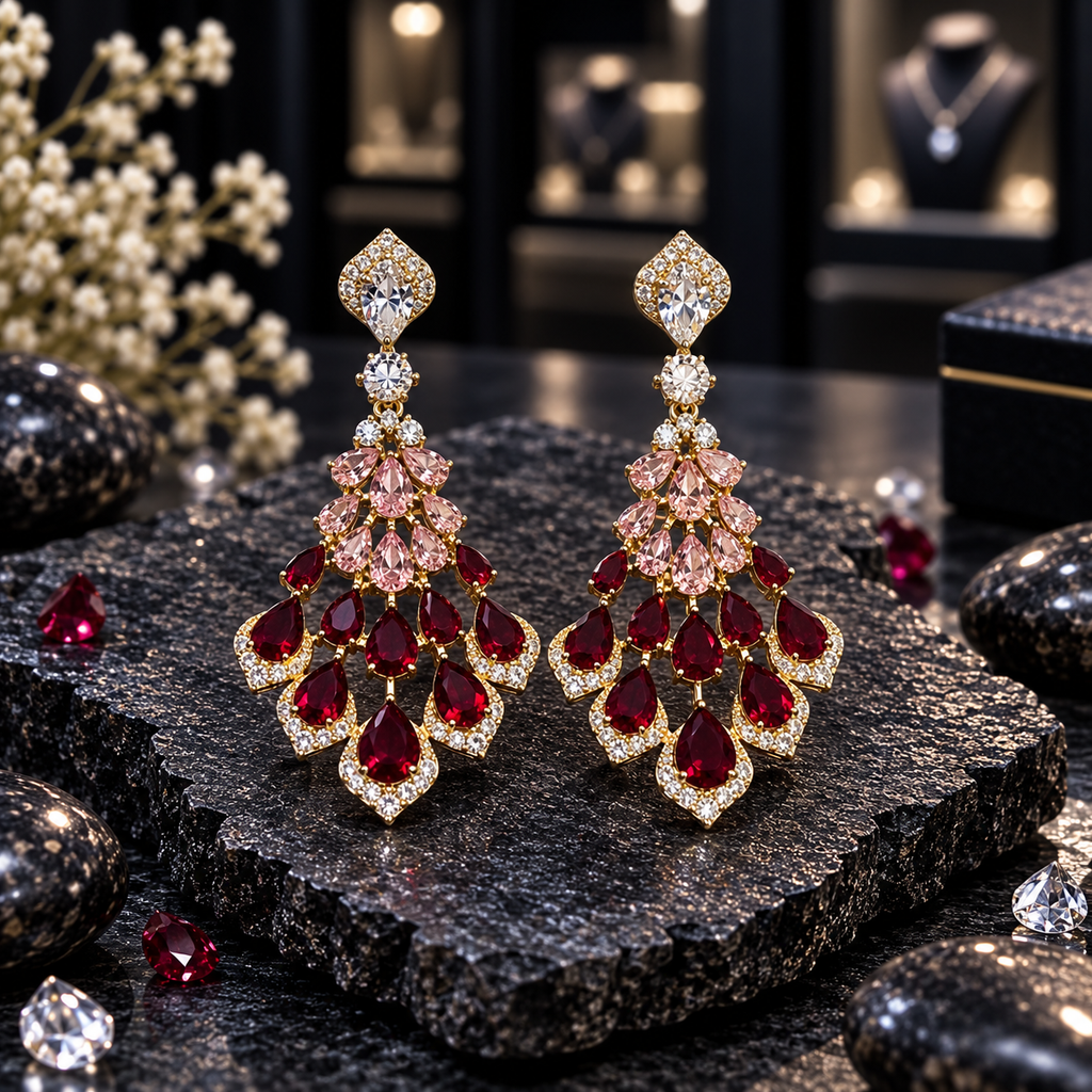 Pair of gold-tone chandelier earrings with pale pink accents, deep red teardrop drops and clear sparkling borders.