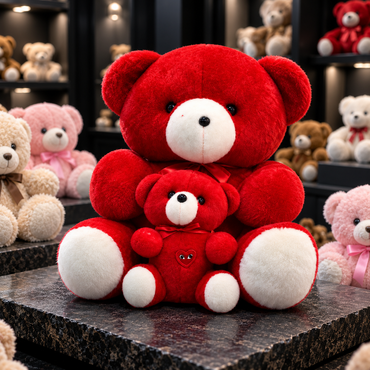 Two red-and-white teddy bears, with a larger seated bear behind a smaller matching bear featuring a heart detail.