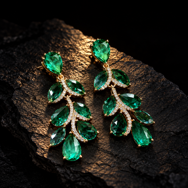 Green CZ leaf cascade drop earrings with teardrop and marquise-shaped stones, clear sparkling accents and a gold-tone setting