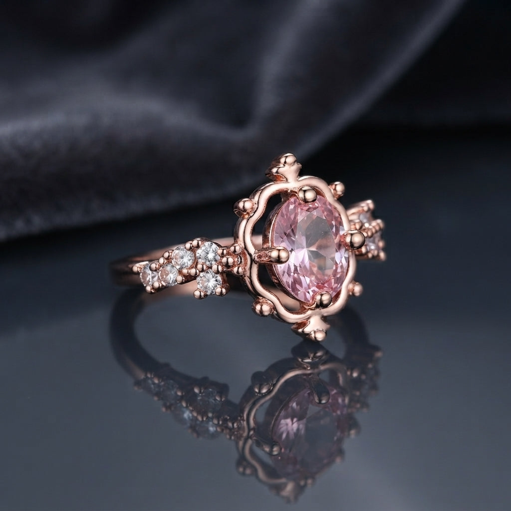 Rose Gold Oval Morganite Crown Solitaire Ring in blush pink CZ on dark mirror surface with grey silk backdrop showing 18K rose gold-tone ornate open scrollwork crown setting holding faceted oval blush pink morganite CZ centre stone with 3+3 round white CZ shoulder clusters with mirror reflection below