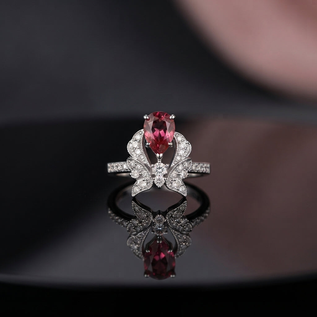 Silver Butterfly Ruby Red Pear CZ Pavé Cocktail Ring — front top-down view: rhodium-plated butterfly motif ring with deep ruby-red pear center stone, full micro-pavé CZ wings with milgrain border, CZ body solitaire, and pavé shoulder band, on black mirror surface with dark editorial backdrop