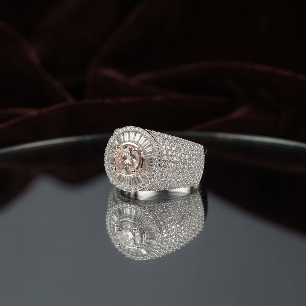 Silver Champagne CZ Solitaire Baguette Sunburst Halo Iced Pavé Signet Ring luxury flat-lay on mirror glass surface with deep burgundy velvet backdrop