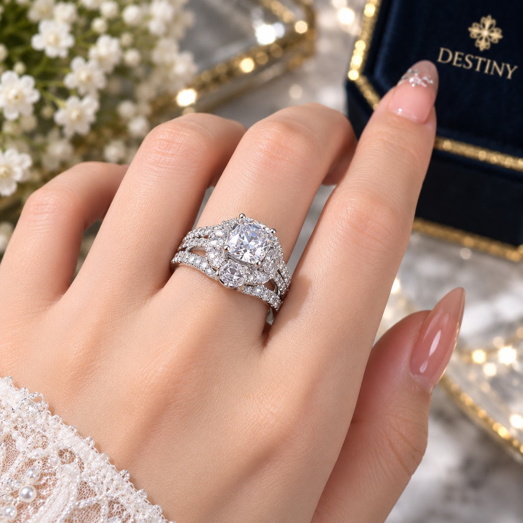 Silver-Tone Cushion Cut CZ Micro-Pavé Double Halo Marquise Petal Triple Split-Shank Pavé Band Bridal Ring worn on model hand with bridal lace outfit and Destiny jewelry box in background