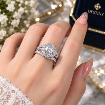 Silver-Tone Cushion Cut CZ Micro-Pavé Double Halo Marquise Petal Triple Split-Shank Pavé Band Bridal Ring worn on model hand with bridal lace outfit and Destiny jewelry box in background