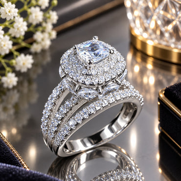 Silver-Tone Cushion Cut CZ Micro-Pavé Double Halo Marquise Petal Triple Split-Shank Pavé Band Bridal Ring on mirror surface with white flowers, crystal candleholder and Destiny jewelry box