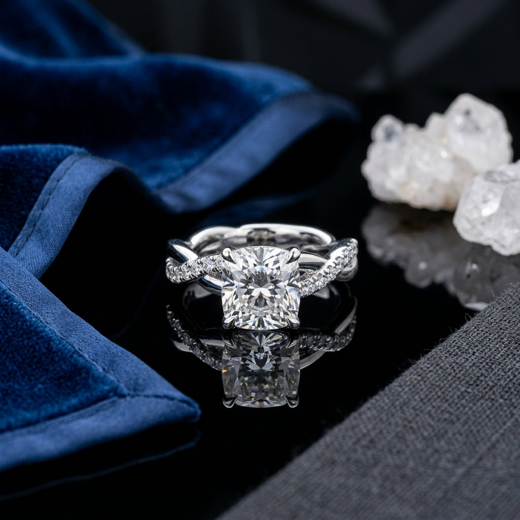 Silver-Tone Cushion-Cut CZ Solitaire Twisted Infinity Pavé Band Engagement Ring on black reflective surface with navy blue velvet fabric and white quartz crystal cluster backdrop