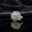 Silver CZ Art Deco Sunburst Flower Pear Petal Pavé Cocktail Ring in Yellow Citrine — yellow citrine CZ pear petals and round center on wide white pavé split shank, luxury product shot on black mirror surface with dark charcoal silk backdrop