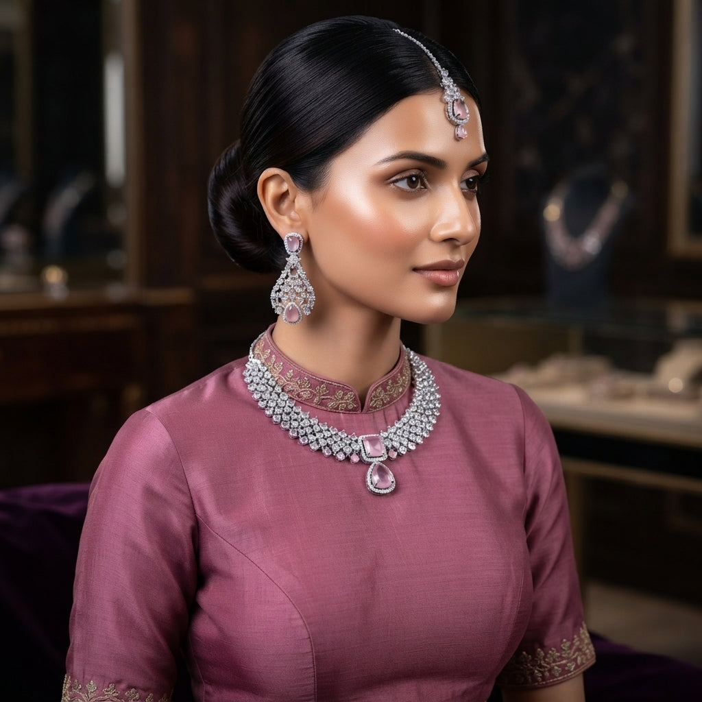 Silver CZ Cluster Choker Earrings and Maang Tikka Bridal Set lifestyle editorial in Rose Pink worn by model in mauve dusty rose silk outfit in luxury boutique setting showing rhodium silver cluster choker with rose pink CZ pendant halo drop earrings and maang tikka