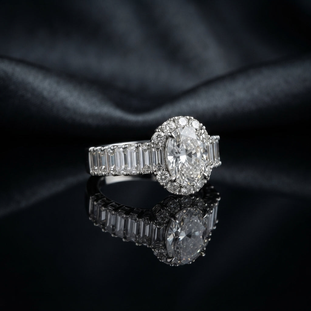 Silver CZ Statement Cocktail Ring in White Diamond — large oval brilliant white CZ halo center with white baguette CZ shoulder band on dark silk backdrop