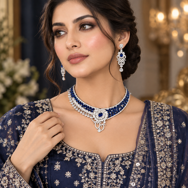 Silver CZ Grand Collar Bridal Necklace and Earrings Set composite overview showing all three color variants Sapphire Blue Blush Pink and Emerald Green side by side
