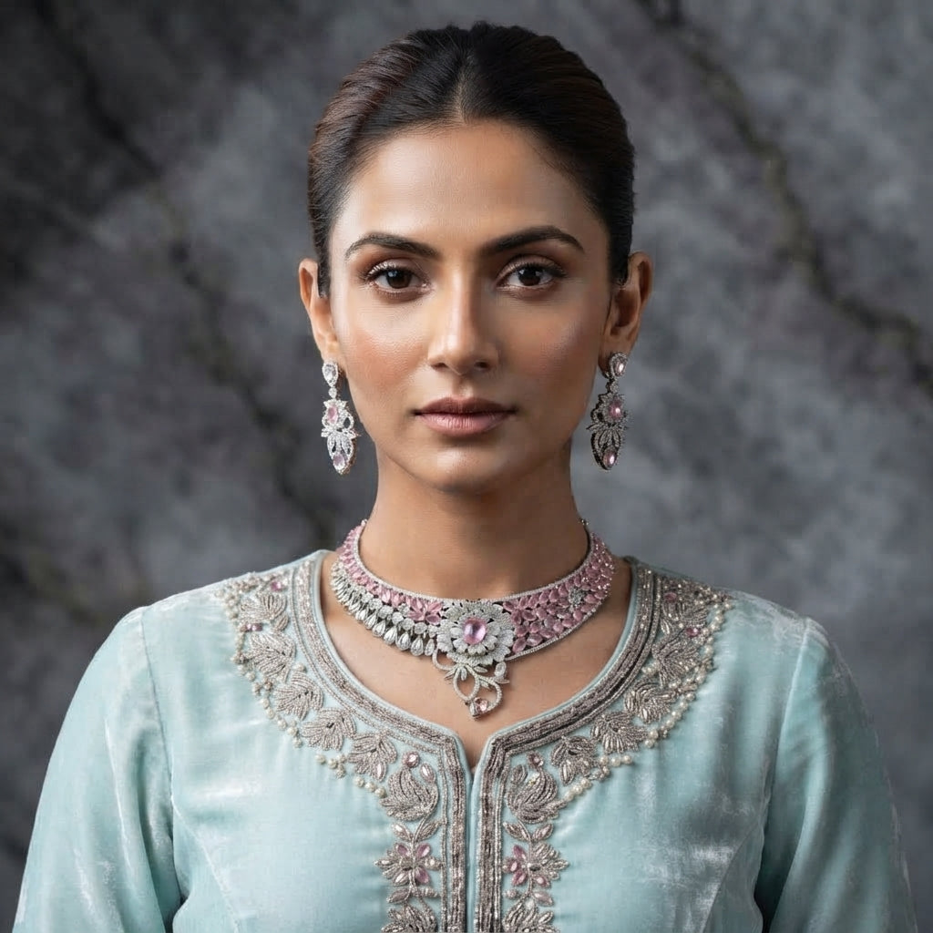 Silver CZ Grand Collar Bridal Necklace and Earrings Set second model shot showing South Asian model wearing the set with embroidered outfit in marble backdrop setting