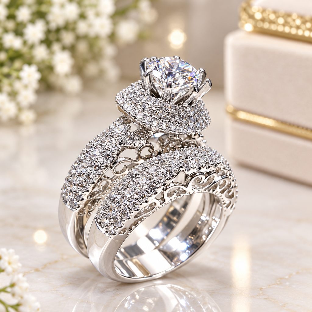 Silver CZ Halo Solitaire Bridal Ring Set 2 Piece side view on dark grey mirror surface with grey fabric backdrop showing cushion-cut CZ halo solitaire engagement ring stacked with wide infinity criss-cross CZ eternity band in rhodium silver-tone plating with mirror reflection below