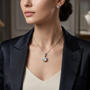 Silver-Tone Solitaire Round CZ Pendant Necklace and Earrings Set worn by model