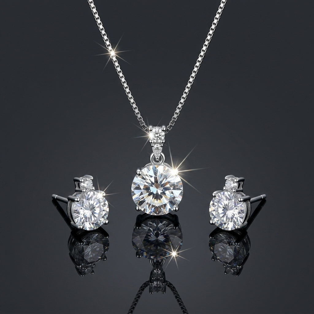 Silver-Tone Solitaire Round CZ Pendant Necklace and Earrings Set on dark background