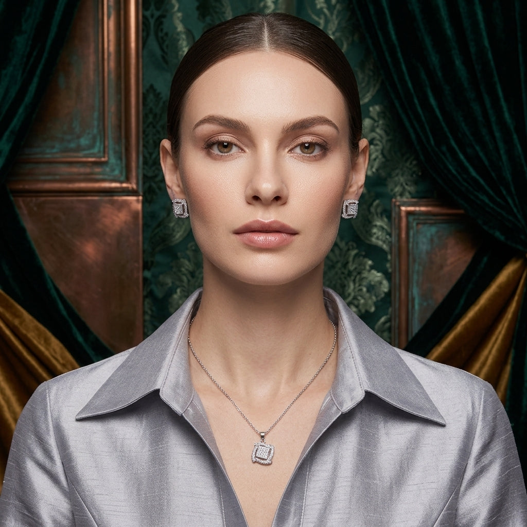 Silver-Tone CZ Square Illusion Pendant Necklace and Earrings Set worn by model