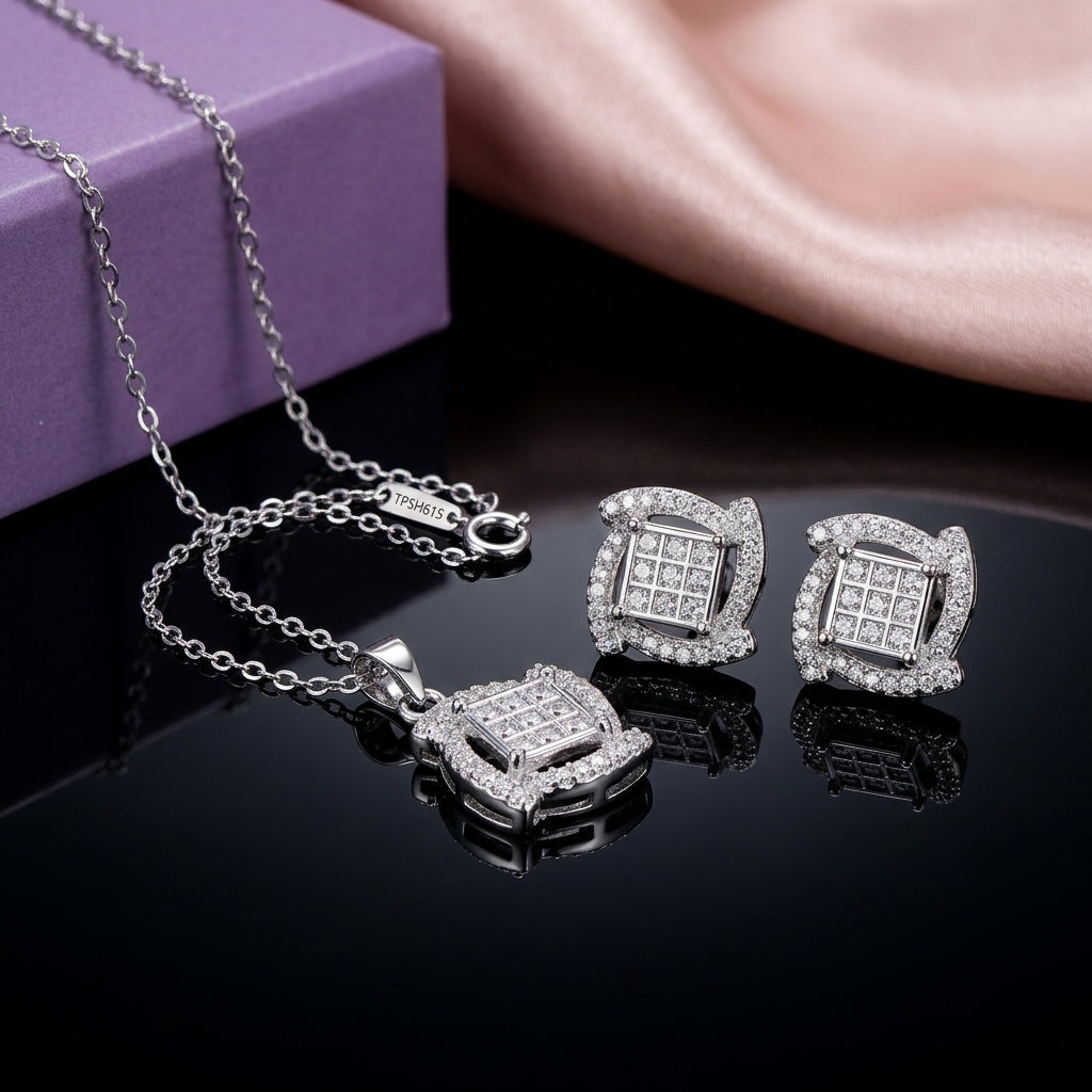 Silver-Tone CZ Square Illusion Pendant Necklace and Earrings Set on dark surface with gift box