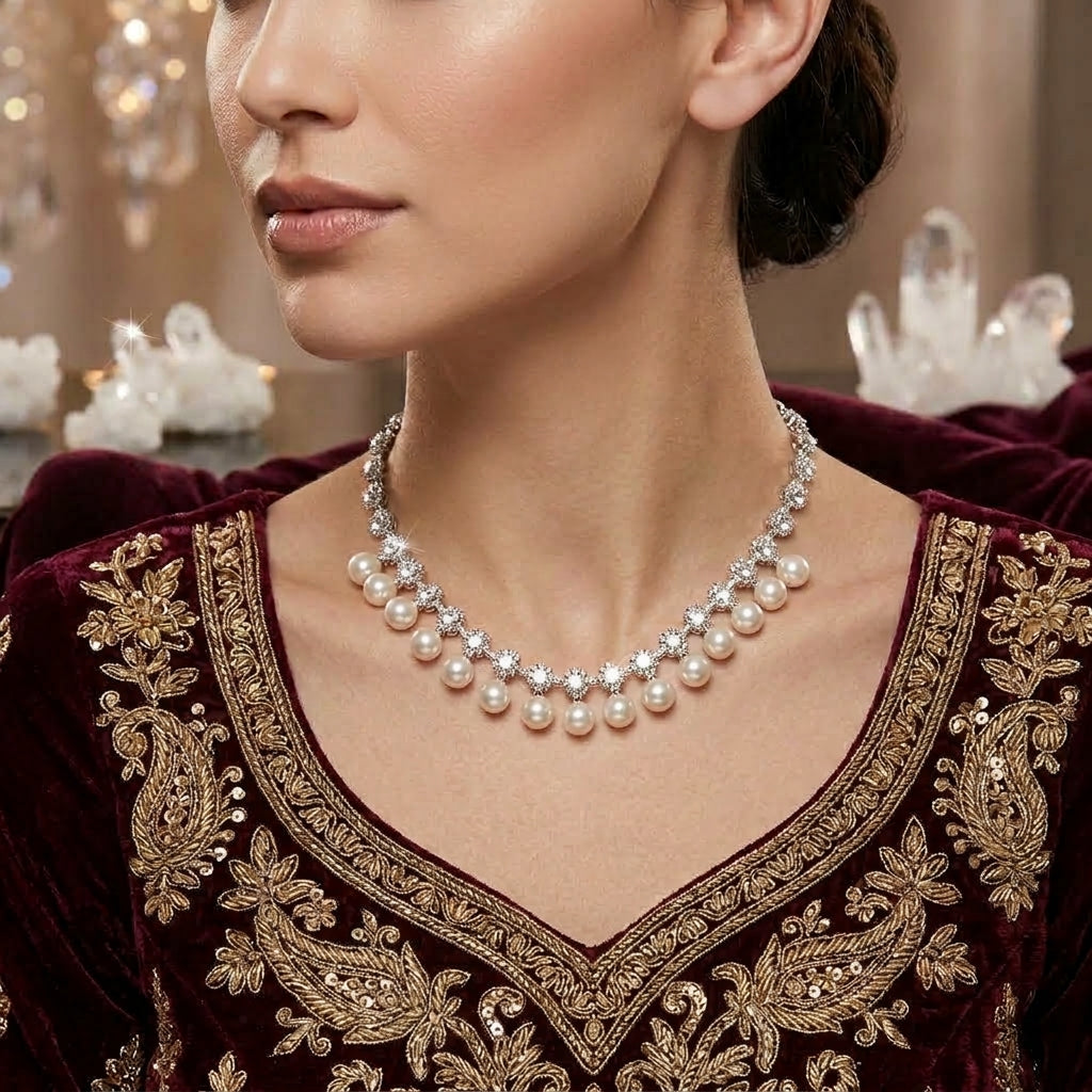 Silver-Tone CZ Tennis & Pearl Drop Fringe Choker Necklace worn on South Asian female model in deep burgundy velvet embroidered dress with crystal chandelier and quartz backdrop