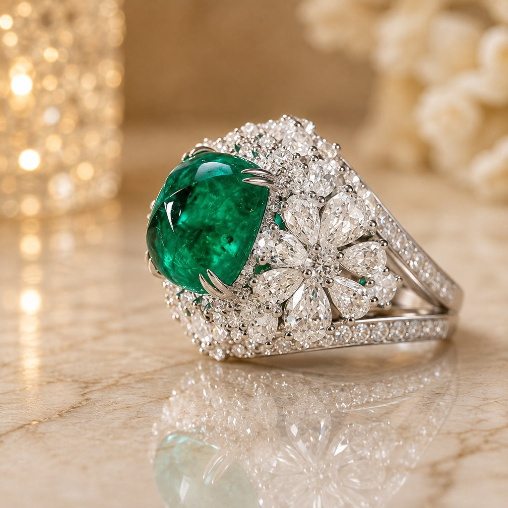 Silver-Tone Emerald Cabochon CZ Pavé Halo & Marquise Flower Statement Cocktail Ring on marble surface with gold candle lantern and white roses backdrop