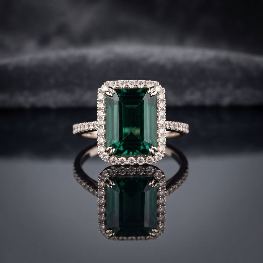 Silver Emerald Cut CZ Rectangular Halo Pave Band Solitaire Ring in Ruby Red variant on dark mirror surface with deep burgundy velvet backdrop showing vivid deep ruby red emerald-cut CZ solitaire in 4-claw setting with full rectangular white CZ halo and continuous micro-pave white CZ band in rhodium silver with mirror reflection below