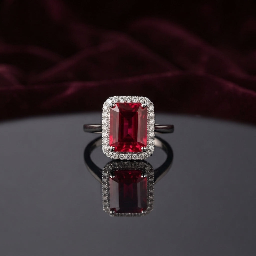 Silver Emerald Cut CZ Rectangular Halo Pave Band Solitaire Ring in Diamond White Clear CZ variant on dark mirror surface with charcoal satin backdrop showing brilliant clear diamond-illusion emerald-cut CZ solitaire in 4-claw setting with full rectangular white CZ halo and continuous micro-pave white CZ band in rhodium silver with mirror reflection below