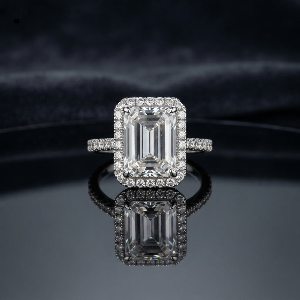 Silver Emerald Cut CZ Rectangular Halo Pave Band Solitaire Ring additional product image on dark mirror surface showing emerald-cut CZ solitaire with full rectangular white CZ halo and continuous micro-pave band in rhodium silver with mirror reflection