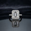 Silver Emerald Cut CZ Rectangular Halo Pave Band Solitaire Ring additional product image on dark mirror surface showing emerald-cut CZ solitaire with full rectangular white CZ halo and continuous micro-pave band in rhodium silver with mirror reflection