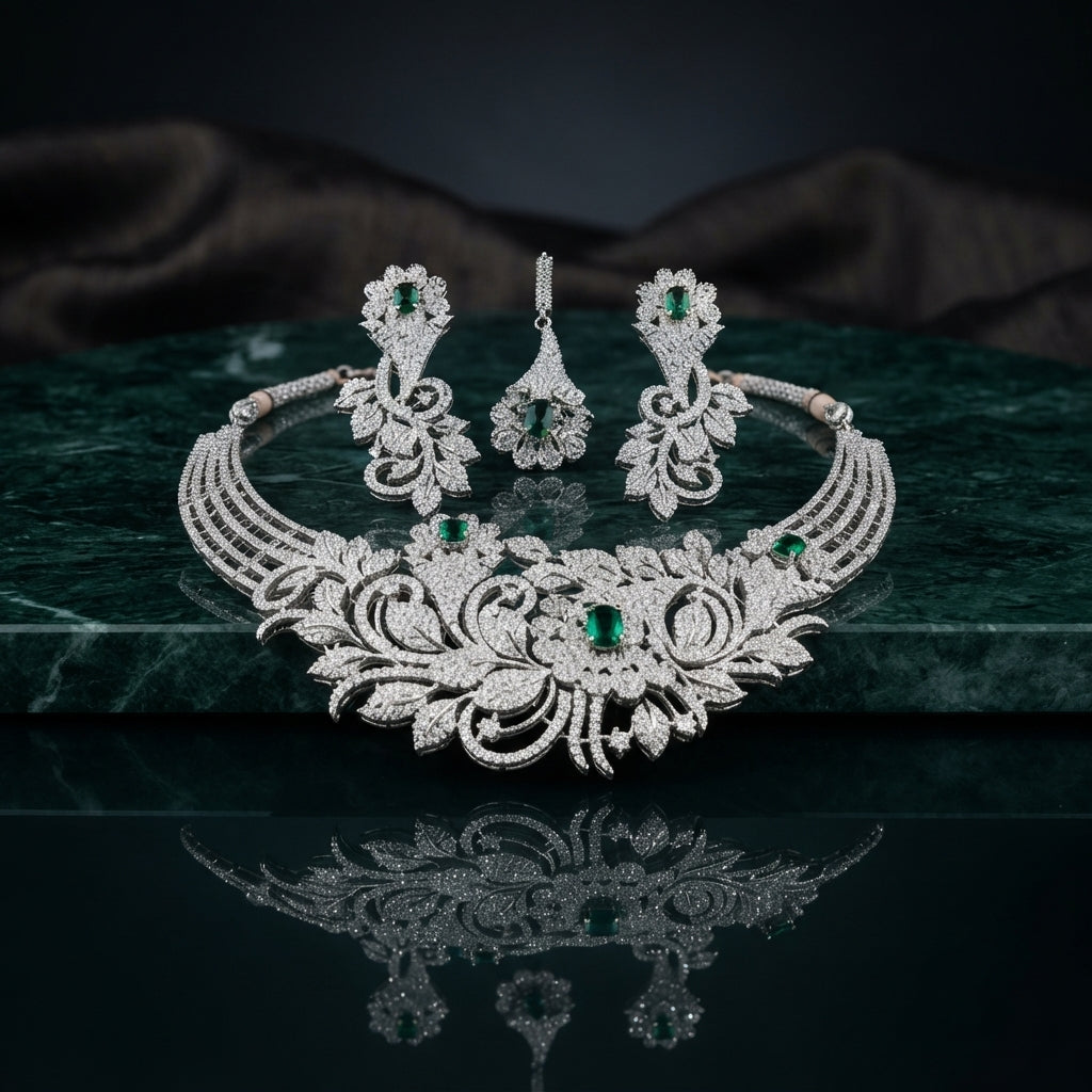 Silver Emerald Green CZ Botanical Floral Garden Statement Necklace & Earrings Bridal Set on dark green marble surface with grey silk drape backdrop