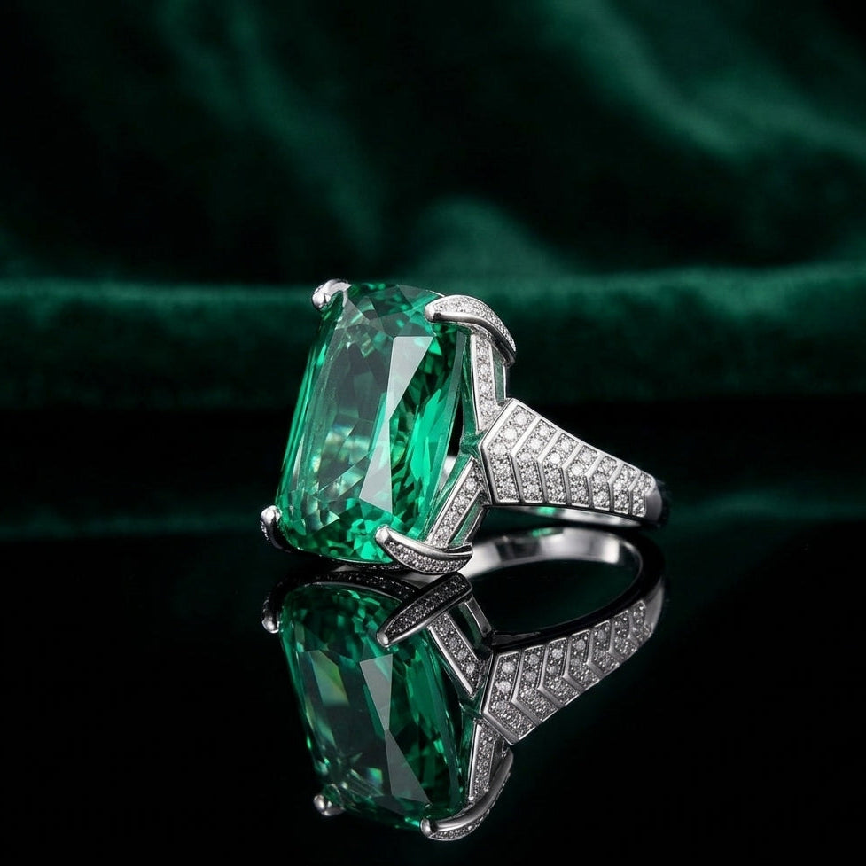 Silver-Tone Emerald Green CZ Cushion Cut Statement Ring with geometric pavé shoulders