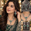 Silver Emerald Green CZ Marquise Leaf and Square Halo Necklace and Earrings Bridal Set collage showing lifestyle model wearing full set with deep forest green embroidered formal outfit plus product display on grey velvet stands and close-up detail shots of necklace centre focal and earrings