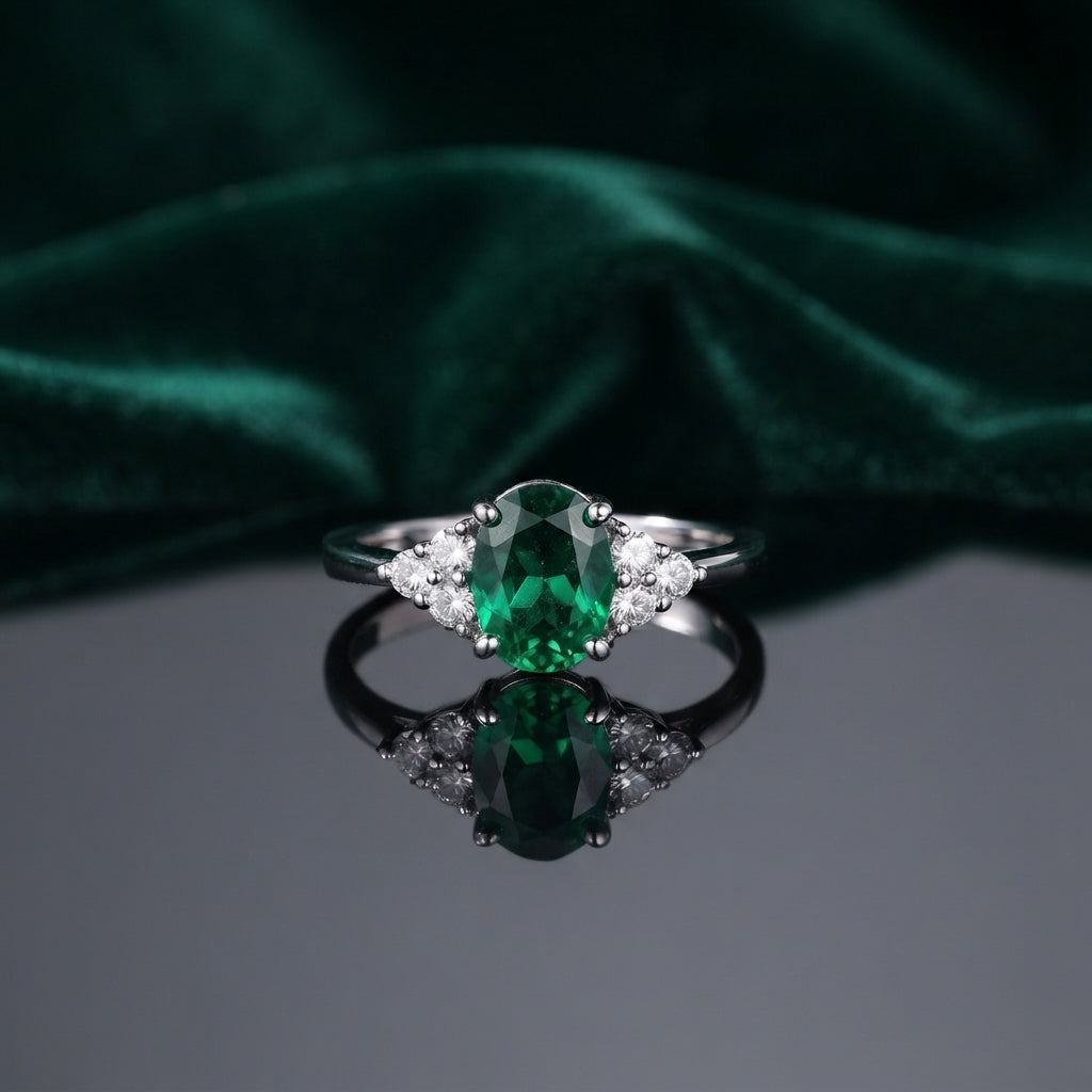 Silver Emerald Green Oval CZ and White CZ Cluster Shoulder Cocktail Ring flat lay on grey mirror surface with dark emerald green velvet backdrop showing rhodium silver ring with large oval brilliant-cut deep emerald green CZ solitaire in 4-claw prong setting and 3-stone white CZ triangular cluster shoulders on each side with mirror reflection below