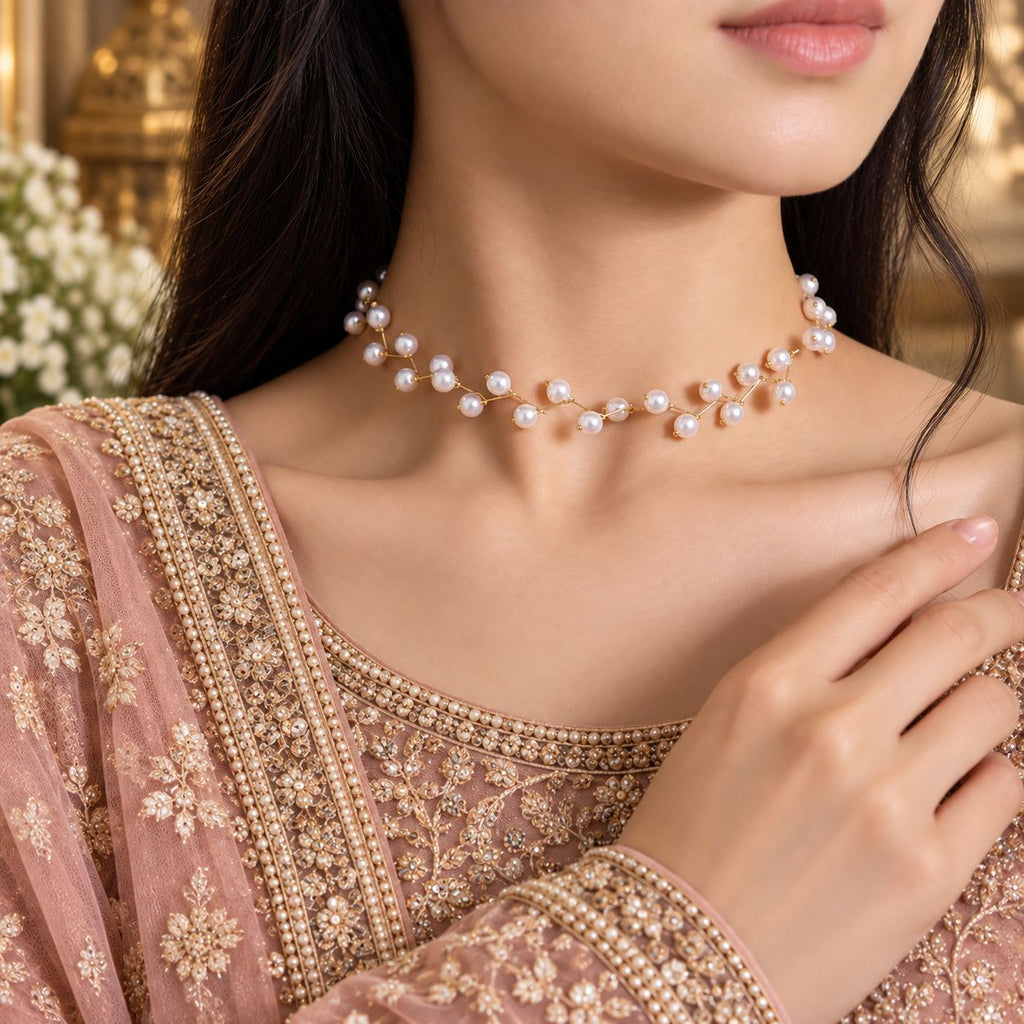Silver Floating Pearl Vine Branch Choker Necklace worn by bridal model in pink embroidered lehenga with white flowers backdrop