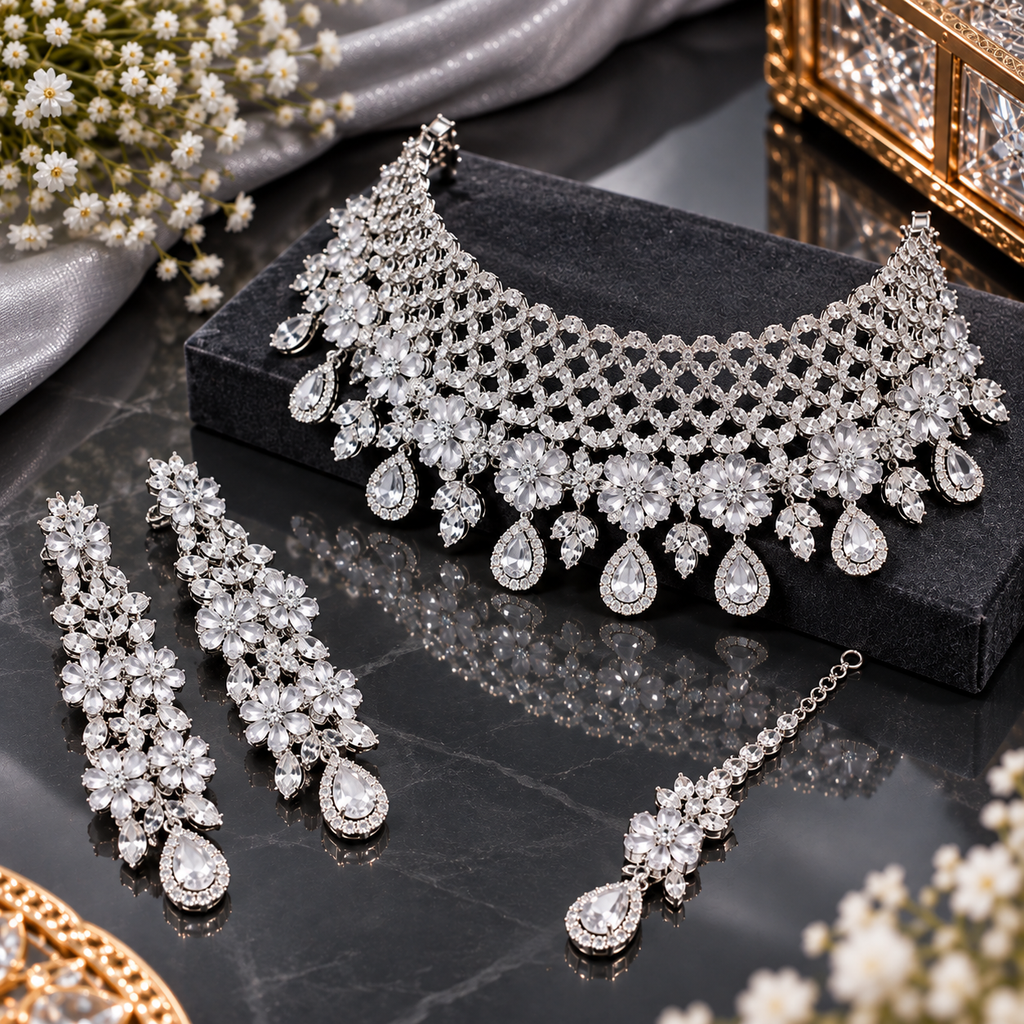 Clear-accent floral bridal necklace set with matching earrings and maang tikka.
