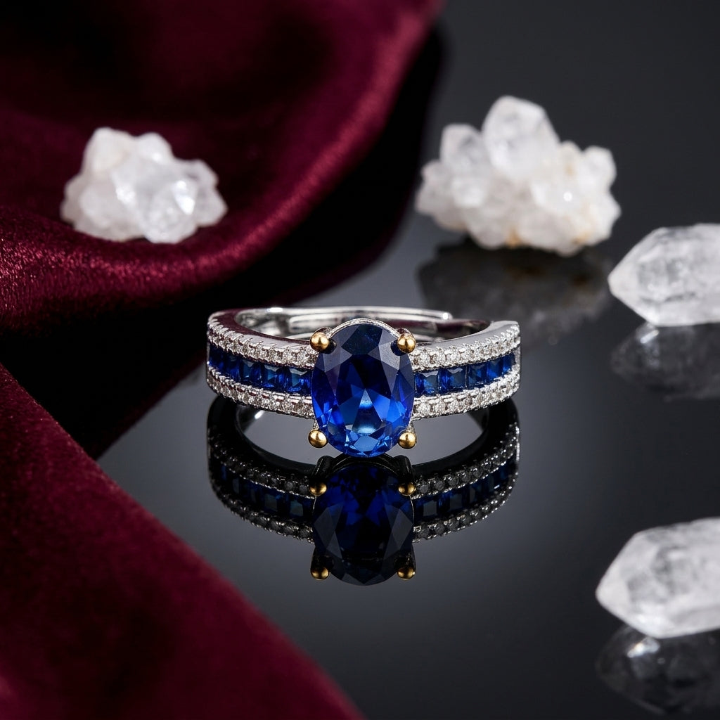 Silver & Gold Two-Tone Oval Sapphire Blue CZ Solitaire, Blue CZ Channel & White CZ Pavé Triple Split-Shank Bridal Ring on black mirror surface with white crystal quartz clusters and deep burgundy velvet backdrop