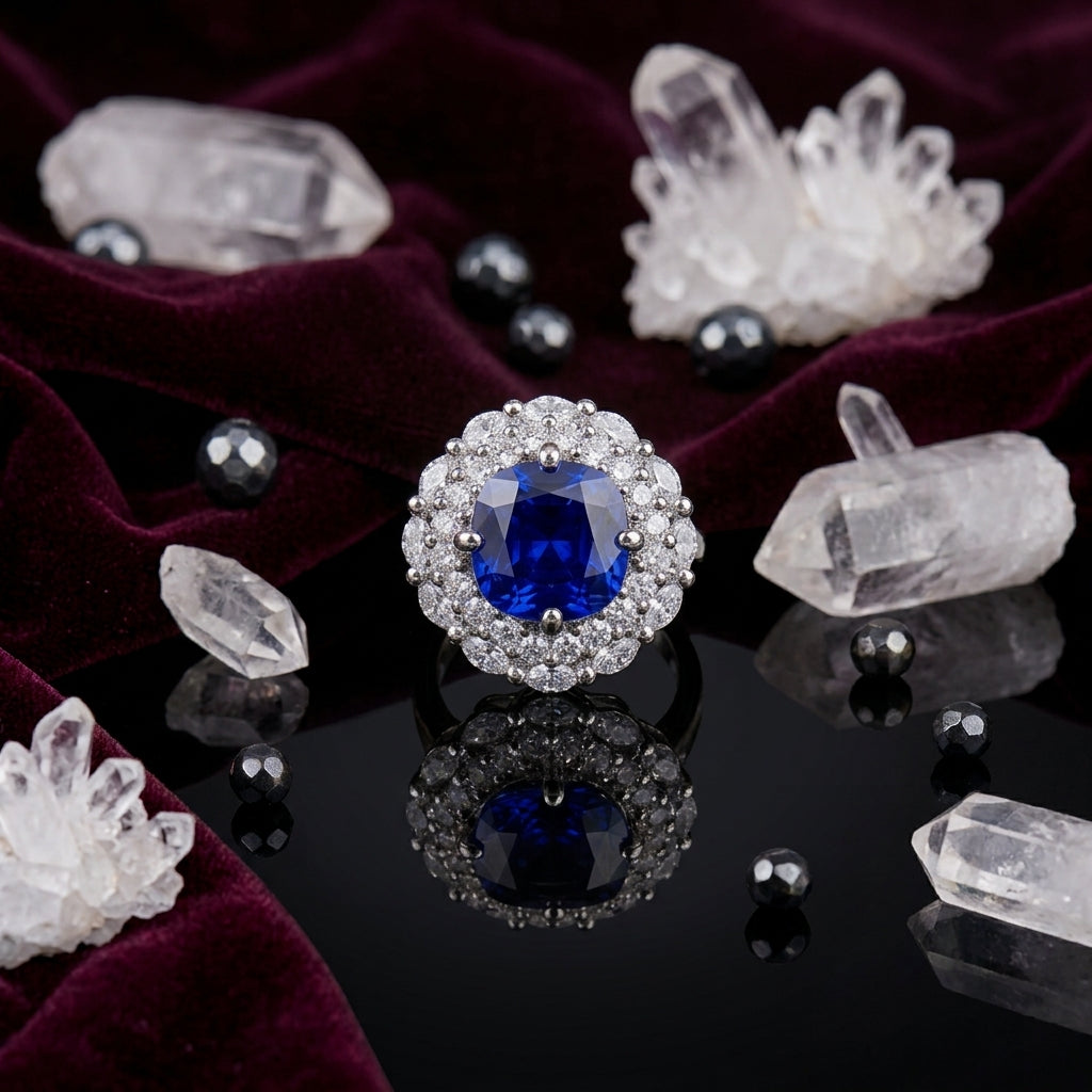 Silver-Tone Large Round Sapphire Blue CZ Sunburst Marquise & Micro-Pavé Double Halo Bridal Cocktail Ring on black mirror surface with white crystal quartz clusters, hematite beads and deep burgundy velvet backdrop