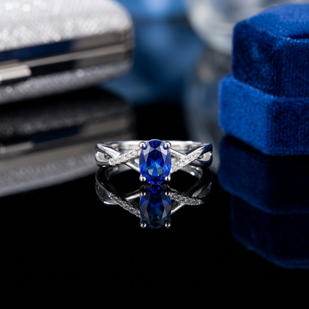 Silver-Tone Oval Blue Sapphire CZ Halo & Infinity Crossover Pavé Band Ring on black reflective surface with royal blue velvet ring box and silver glitter clutch backdrop