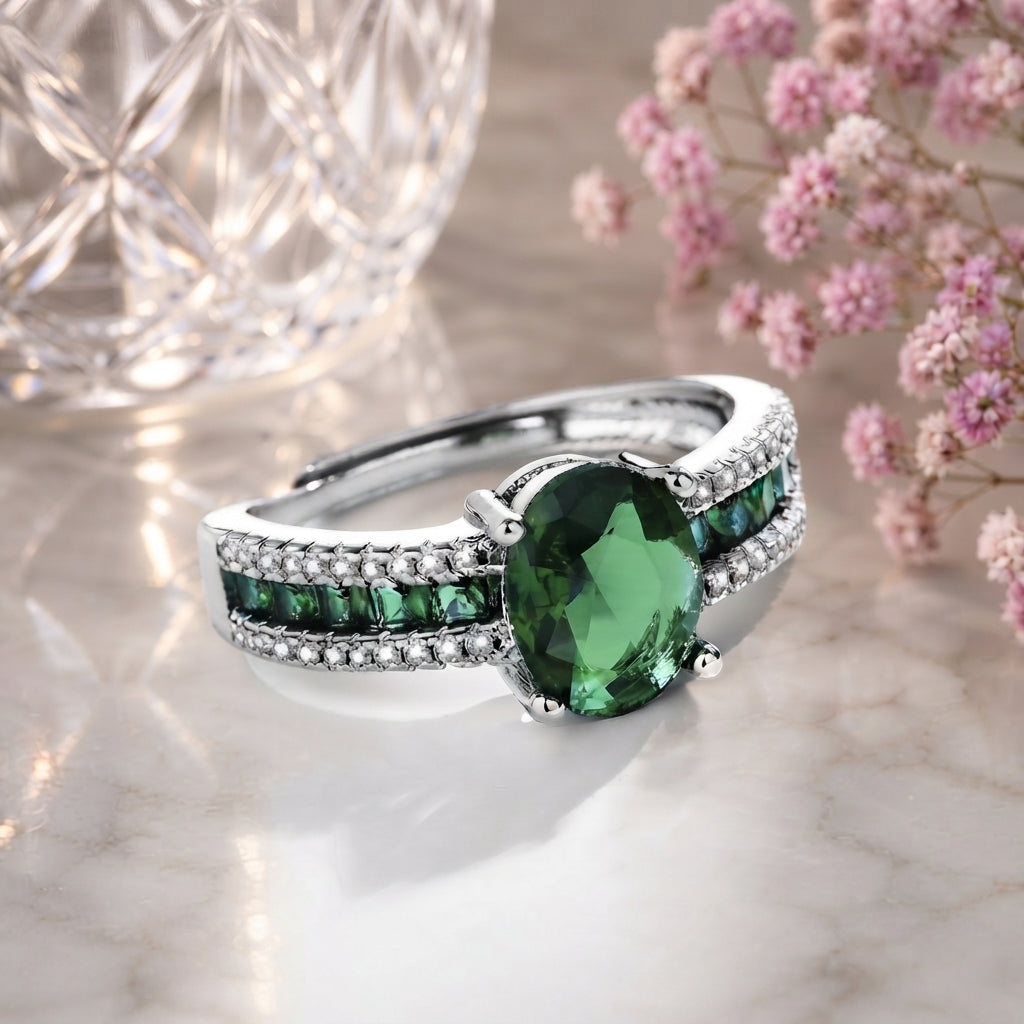 Silver-Tone Oval Forest Green CZ Solitaire Baguette & Pavé Double Shoulder Ring on blush marble surface with crystal bokeh light orb and pink baby’s breath flowers backdrop
